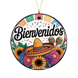 Mexican Cinco de Mayo acrylic hanging ornament featuring a Sombrero and Bienvenidos