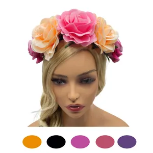 Close-up of vibrant floral headband on mannequin head with multi-color selection circles