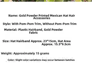 Detailed specifications for glitter Mexican hat headband party accessory with size details