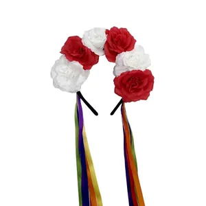 Detail view of Mexican rose headband with vibrant multi-colored ribbons for carnival