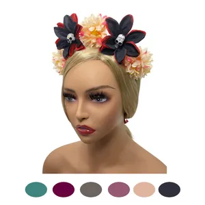 Detailed macro view of Halloween floral headband with skull motifs and various color options