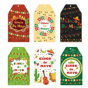 Detailed view of six colorful Cinco De Mayo Mexican party gift tags with festive patterns.