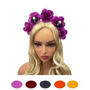 Halloween floral headband with fabric roses and skulls, Day of the Dead costume accessory.