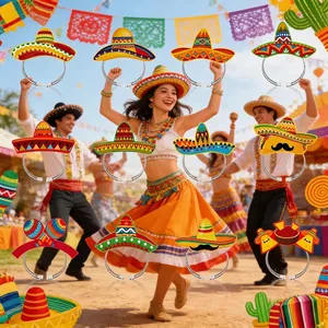 Detailansicht bunter mexikanischer Party-Stirnbänder mit Sombrero- und Taco-Designs