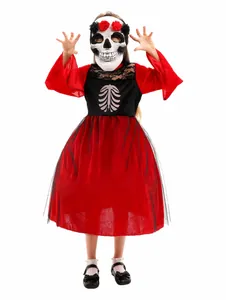 Traditional Mexican Day of the Dead skeleton costume for kids with red dress and skull mask