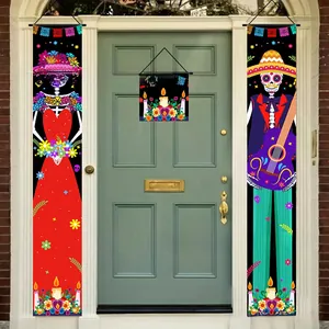 Detail view of colorful Day of the Dead porch banners set on a house entrance door