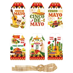 Set of 6 Mexican Cinco de Mayo gift tags with vibrant festive illustrations and jute twine.