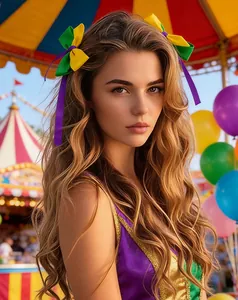Detailed view of colorful Mardi Gras hair bows on a girl's wavy hair