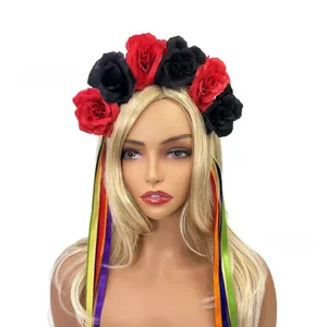 Detail view of Mexican style floral headband with red and black roses and ribbons
