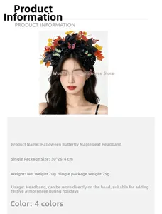 Mexican style Halloween headband with black roses, butterflies and autumn maple leaves