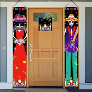 Vibrant Day of the Dead door banner set with skeleton characters for festive decor