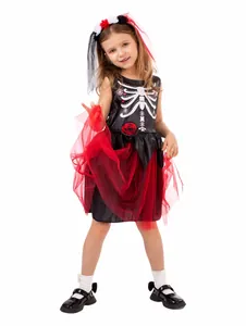 Girl's Day of the Dead skeleton costume with red tutu dress and floral veil headband