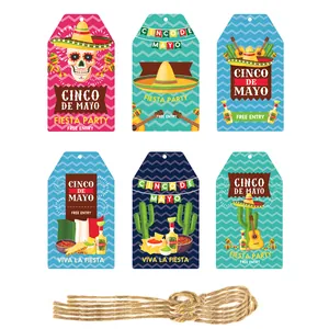 Six Cinco de Mayo themed decorative gift tags with twine strings for Mexican fiesta party