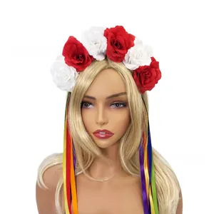 Detail view of Mexican rose headband with colorful satin ribbons for festival