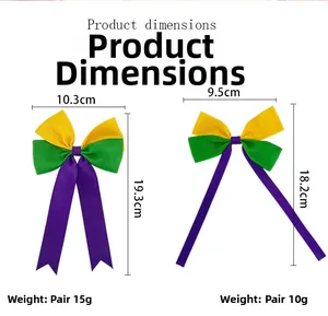 Mardi Gras carnival bow hair clips dimensions showing 10.3cm and 9.5cm width sizes