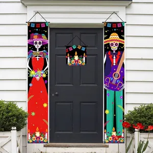 Day of the Dead door banner set with vibrant Catrina and Charro skeleton designs