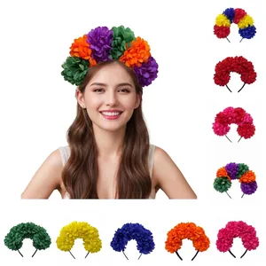 Detailed view of colorful Mexican festival flower headbands in various vibrant colors