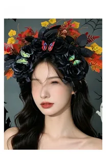 Gothic Halloween headband with black roses, butterflies, and autumn leaves on model