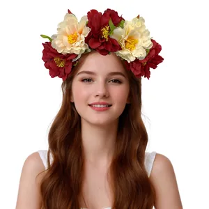 Detailed view of large burgundy and cream peony flower headband worn by a model