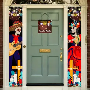 Day of the Dead porch banners with skeletons and marigolds decorating a front door