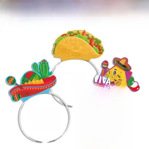 Detailansicht von drei festlichen mexikanischen Party-Haarbändern mit Taco- und Kaktus-Designs
