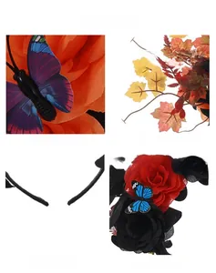 Detailed view of the butterfly ornaments and colorful simulation flowers on this headband.