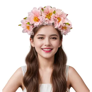 Front view of large pink peony flower headband worn by a model for festivals