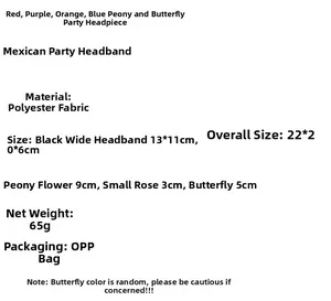 Technical specifications for Mexican Day of the Dead peony and butterfly floral headband