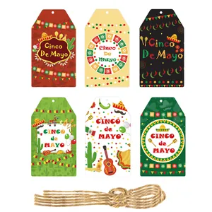 Set of festive Cinco De Mayo gift tags with colorful Mexican motifs and natural twine strings