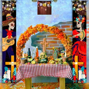 Detail view of Dia de los Muertos banner set featuring festive skeleton characters
