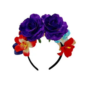 Detailed view of vibrant purple rose and red flower decorations on carnival headband