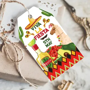 Detail view of a Mexican Cinco de Mayo party gift tag with Viva La Fiesta design
