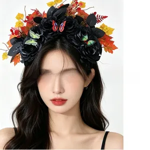 Close-up of a Mexican-style floral headband with black peonies and colorful butterflies