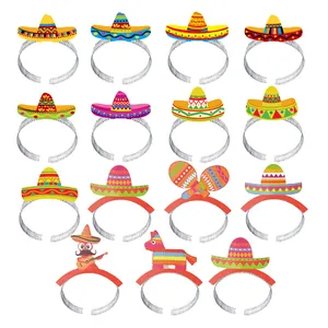 Set of 15 colorful Mexican fiesta party headbands with sombrero and maraca designs