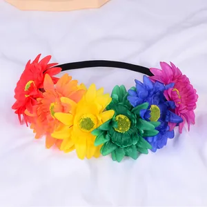 Detail view of a vibrant rainbow floral headband for festival and party outfits