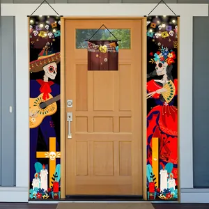 Three-piece set of Day of the Dead door banners with traditional skeleton designs