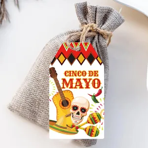 Festive Cinco de Mayo decorative gift tag featuring Mexican guitar and sugar skull graphics.