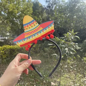 Festive Mexican Sombrero headband for Cinco de Mayo party decoration with red pom-poms