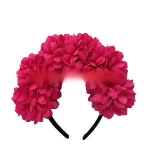 Detailed macro view of magenta fabric flower headband for Day of the Dead festival