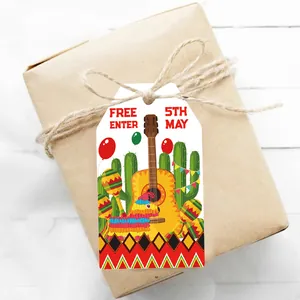 Mexican Cinco de Mayo party favor gift tags with festive guitar and pinata designs
