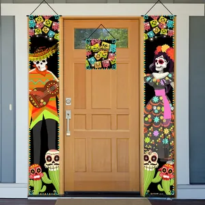 Detailed view of the 3-piece Day of the Dead skeleton door banner set on wood door