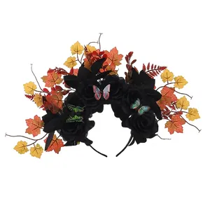 Halloween headband featuring black roses, autumn leaves and decorative butterflies