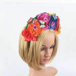 Colorful Mexican Day of the Dead headband with large faux peony flowers and butterflies.