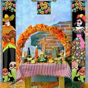 Day of the Dead 3-piece banner set with festive skeletons and Mexican floral patterns