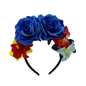 Detailed view of Mexican Carnival headband with large blue roses and colorful flowers