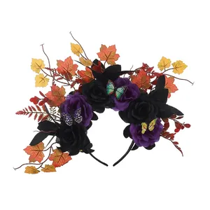 Detailed view of Halloween headband with purple roses, maple leaves and butterflies