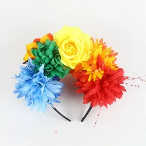 Vibrant Mexican style floral headband featuring colorful silk roses and beads for festive party