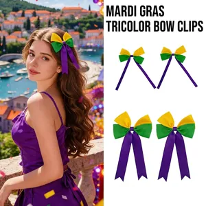 Mardi Gras Bow Hair Clips For Girls Yellow Green Purple Tricolor Grosgrain Ribbon Bowknot With Long Streamers Carnival Party Hair Accessories