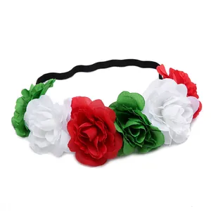 Festive Christmas floral headband with red, white, and green fabric roses for parties.