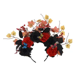 Detailed view of the Halloween floral headband featuring red roses and butterflies.